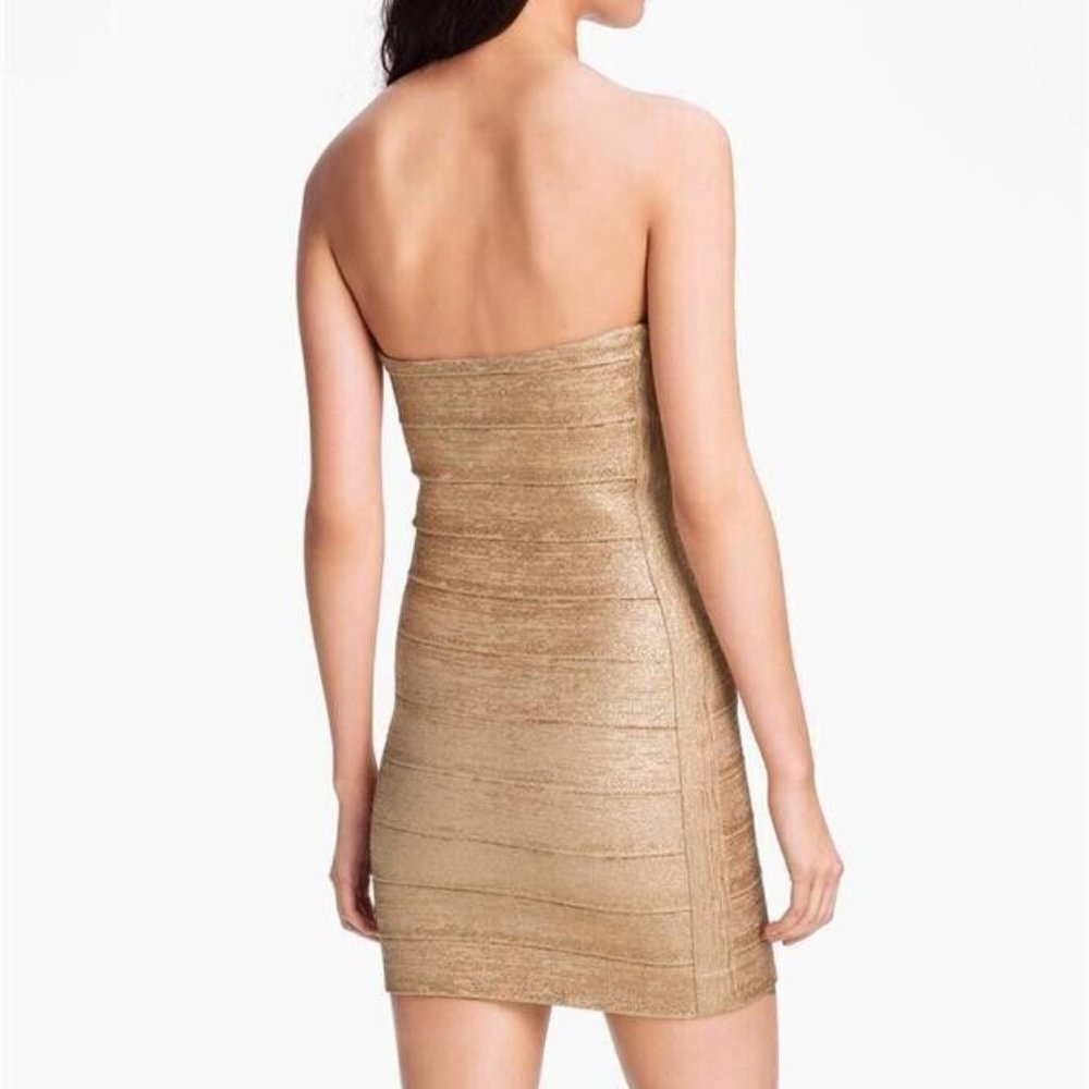 HAUTE HIPPIE Gold Metallic Bandage Strapless Mini Bodycon Dress - Size M ($595) - Picture 2 of 7